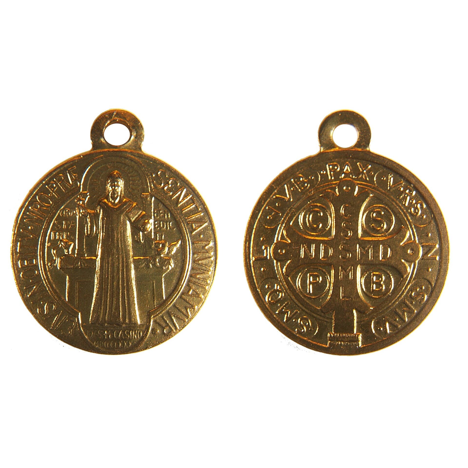 Front and back of a round gold Saint Benedict medal on a white background